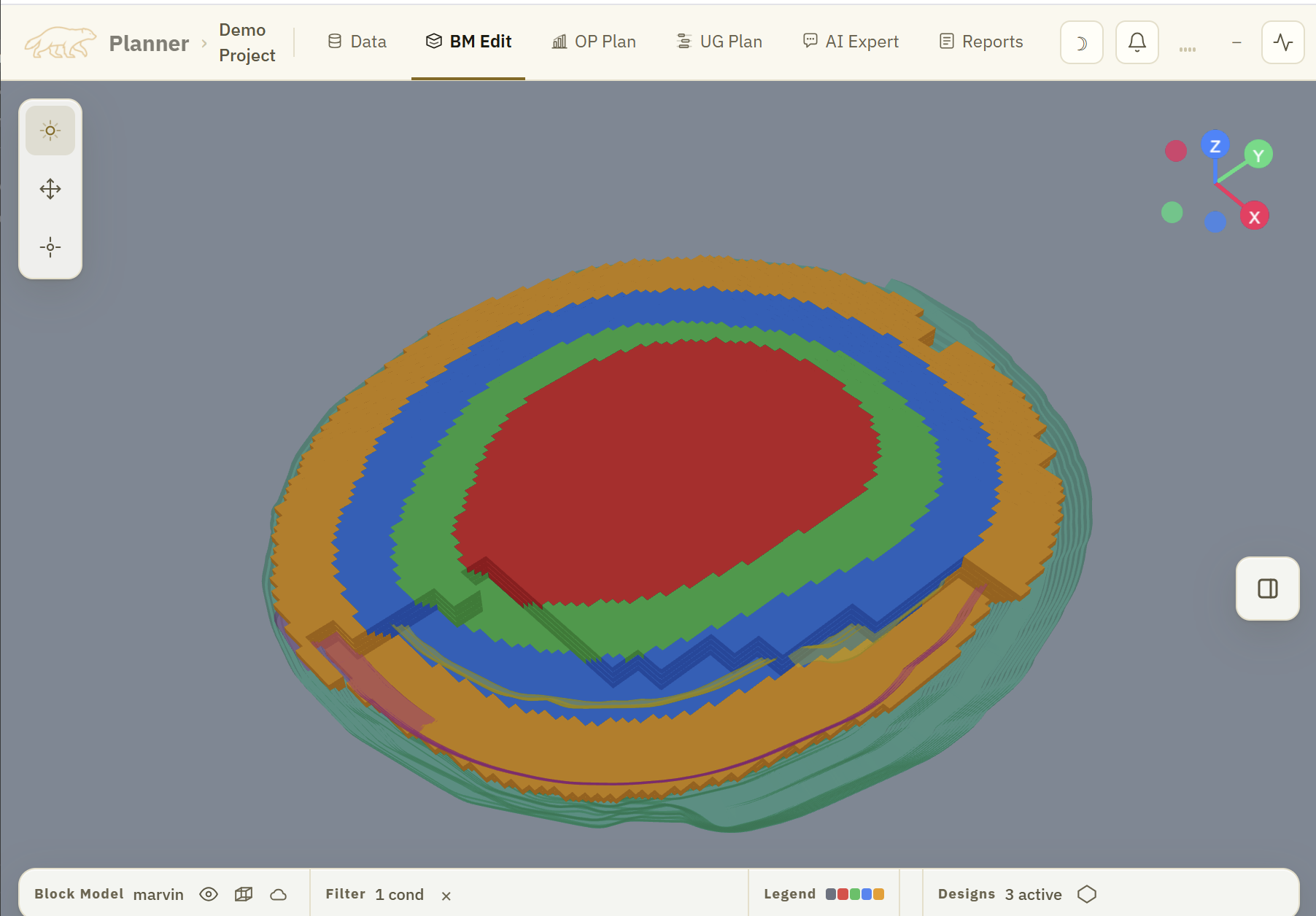 Carcajou Planner — nested pit phases on a block model in the 3D viewport